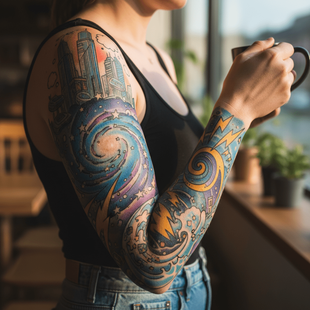 Tatuaje mágico de cómic para el brazo femenino: vitalidad y encanto juvenil