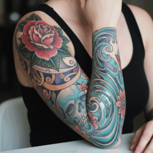 Tatuaje old-school/new-school: armoniosa fusión de tradición y modernidad para el brazo femenino