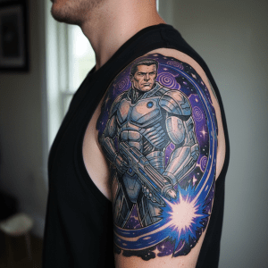 Warrior from the galaxy: impressive comic tattoo for the shoulder