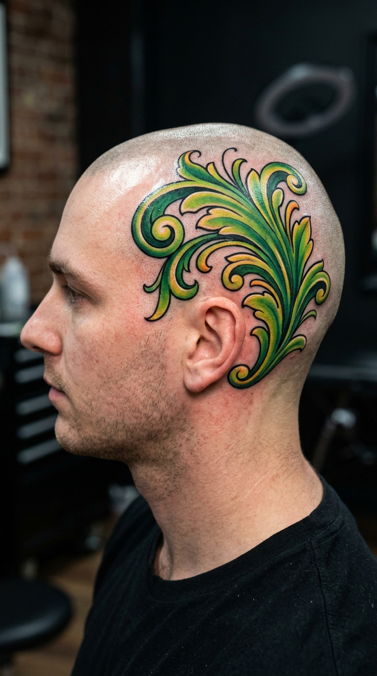 Akanthusblatt als Oldschool und Newschool Tattoo für den Kopf