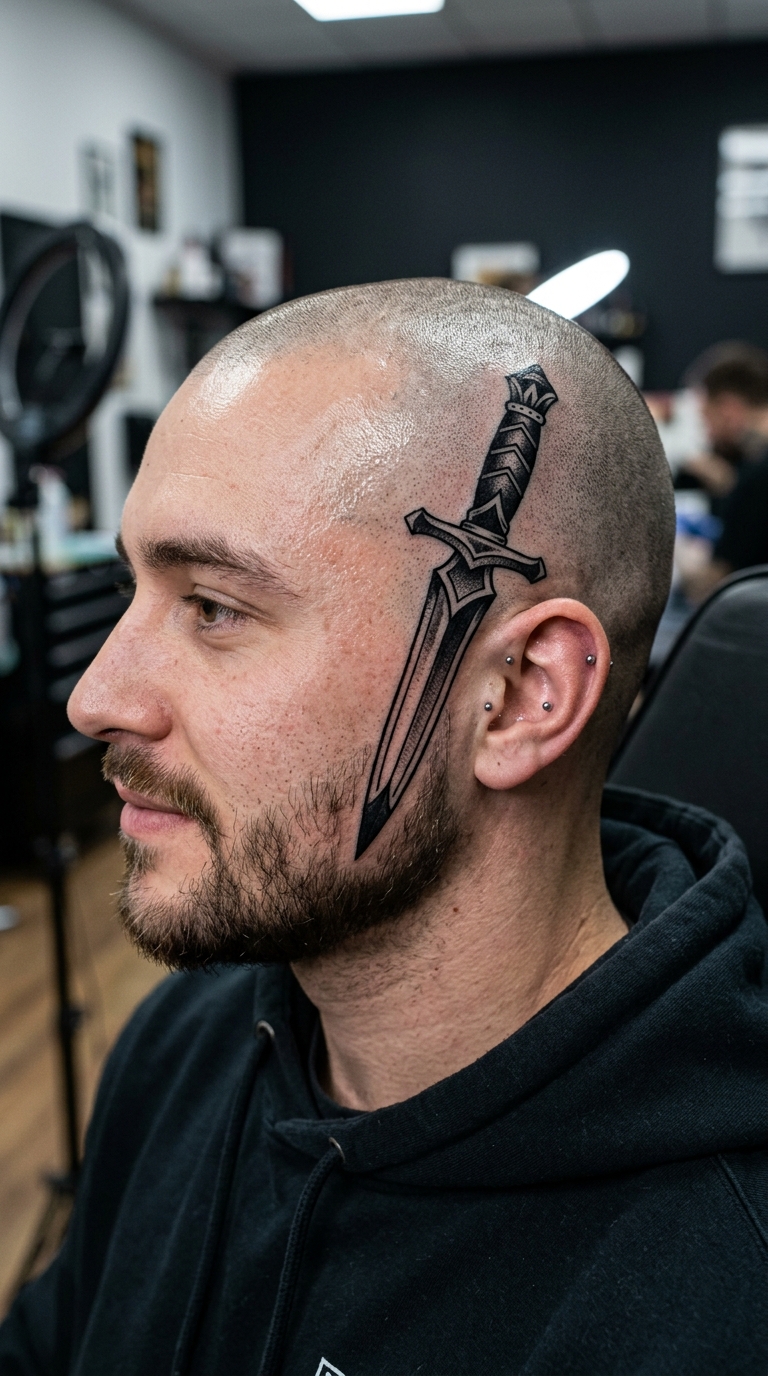 Blackwork Dolch Tattoo Design für den Kopf