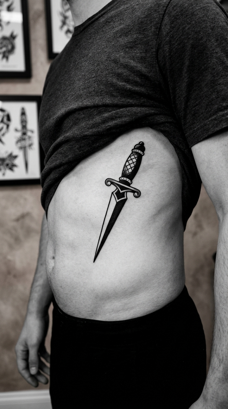 Blackwork Dolch Tattoo Idee für den Bauch