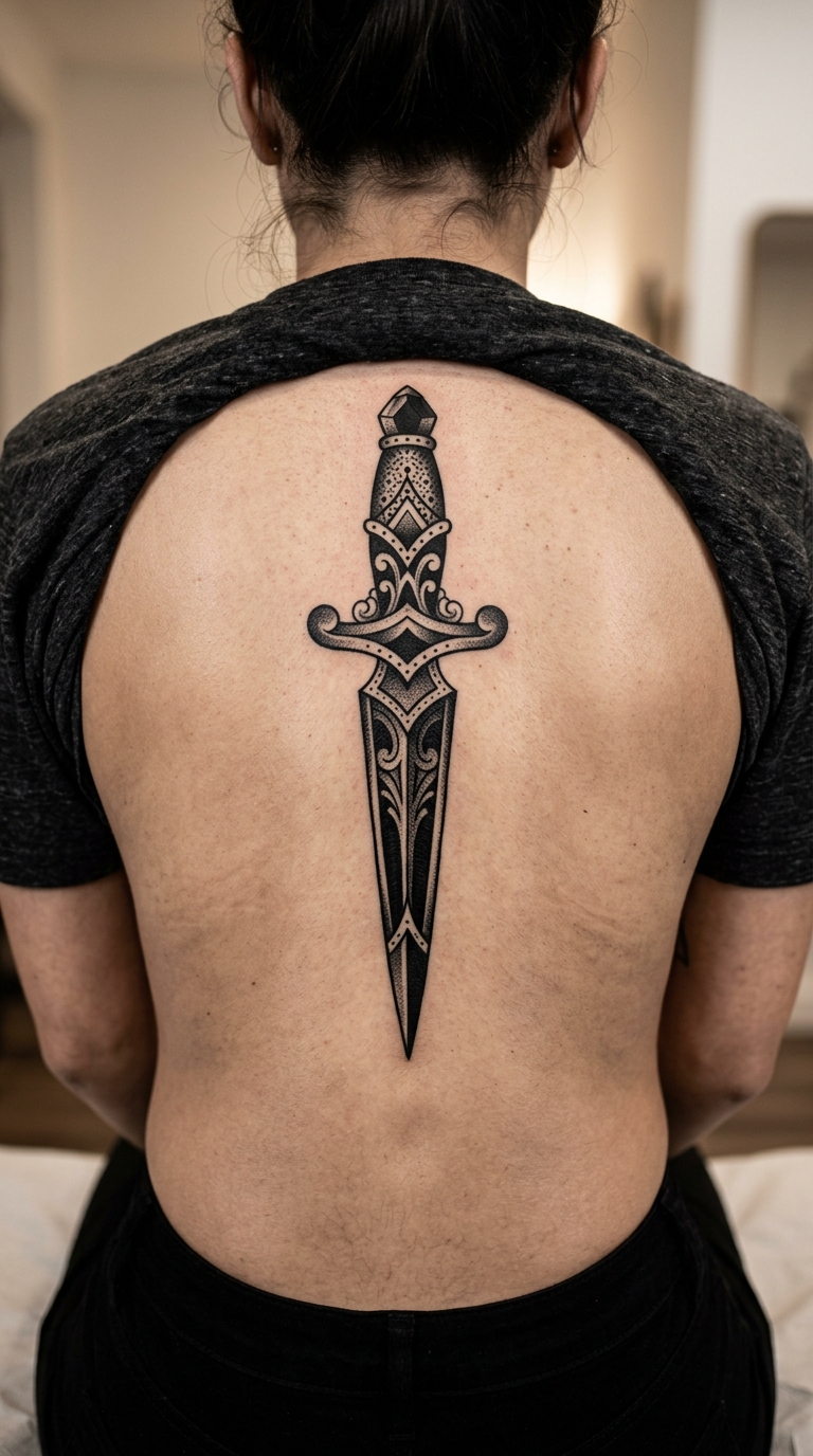 Blackwork Dolch Tattoo Idee für den Rücken