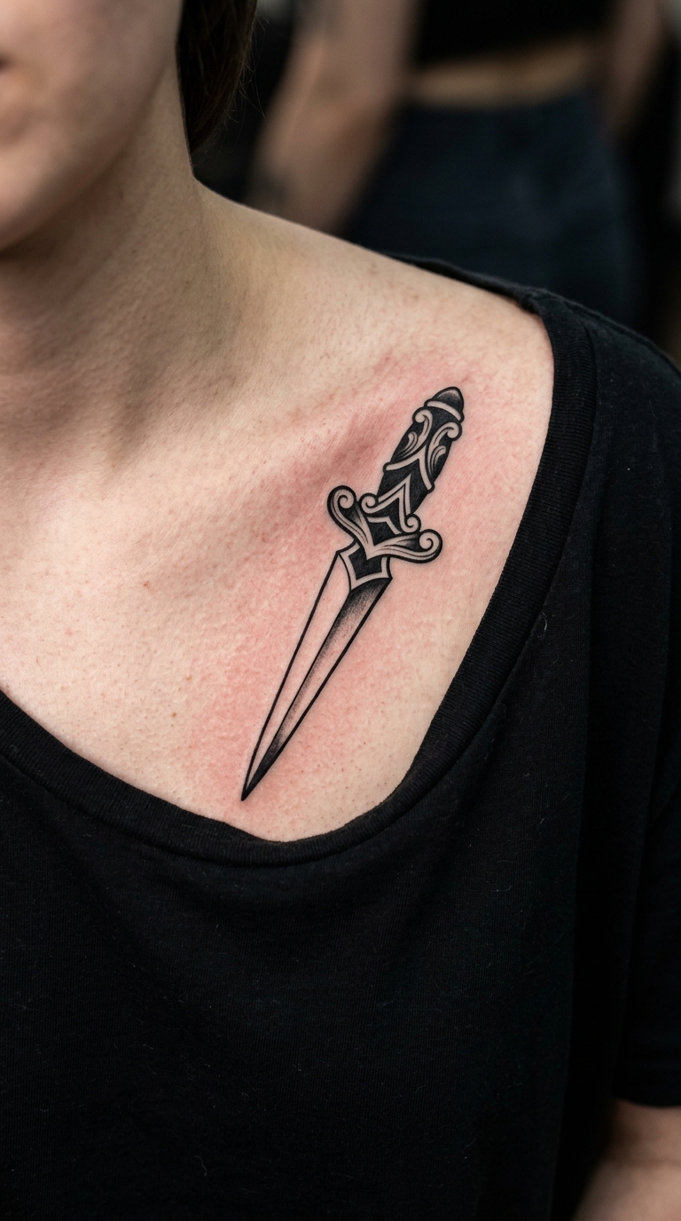 Blackwork Dolch Tattoo Vorlage für das Schlüsselbein