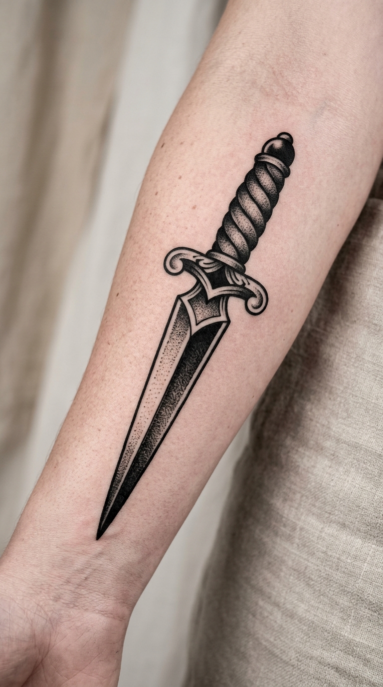 Blackwork Dolch Tattoo Vorlage für den Unterarm