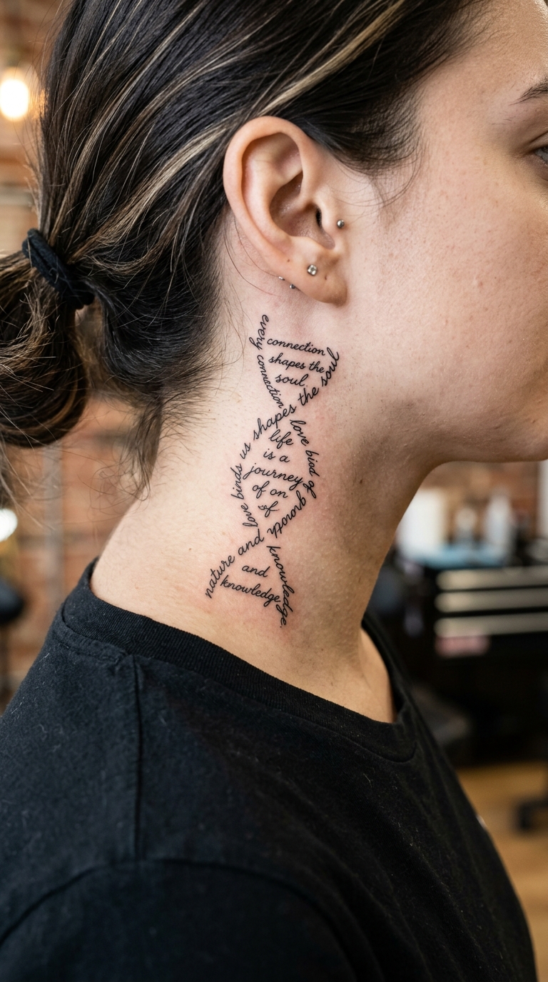 DNA Strang als kursives Schrift Tattoo am Hals