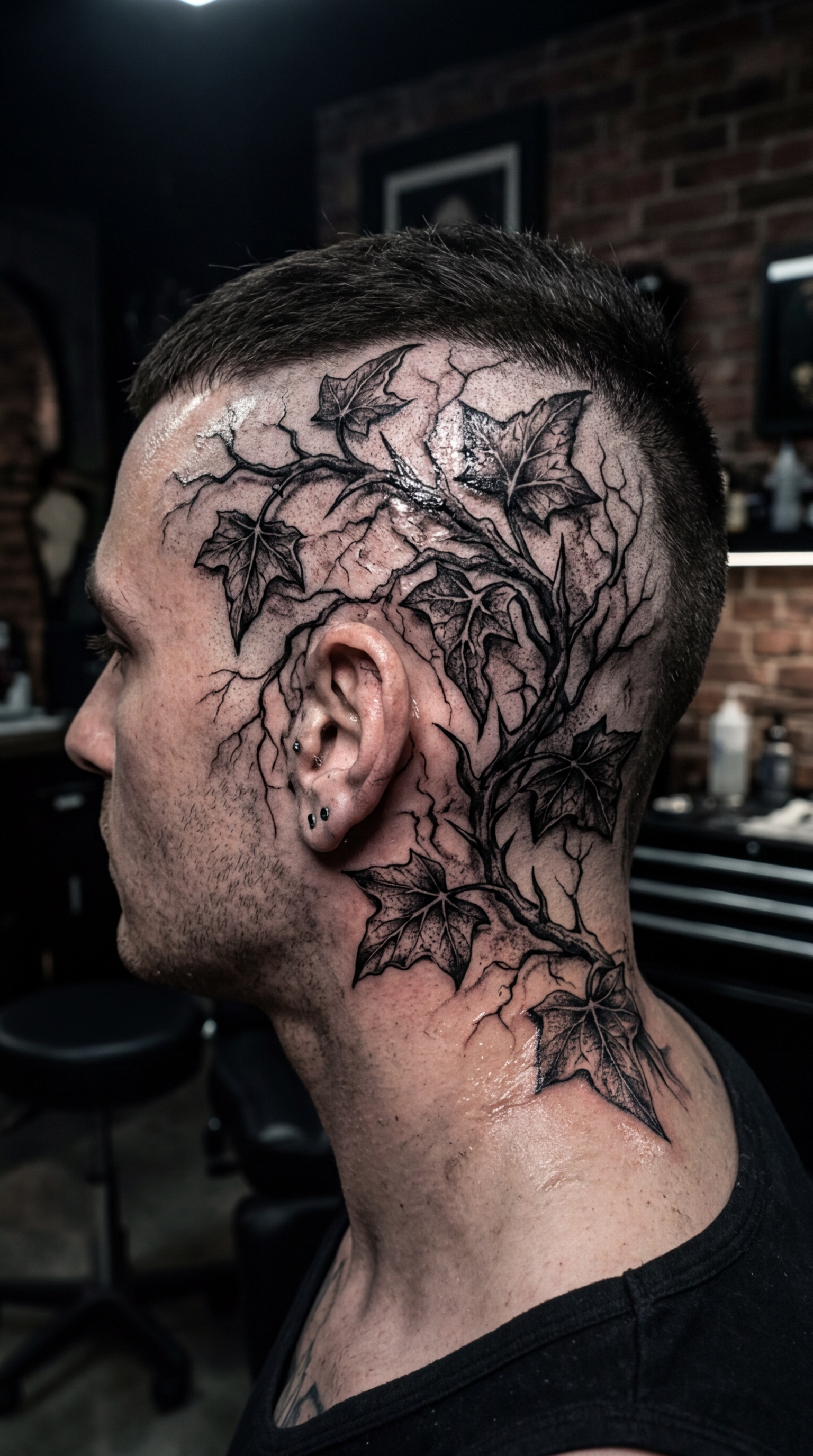 Efeuranke als düsteres Horror Tattoo für den Kopf