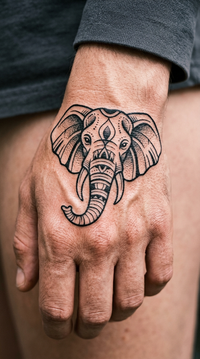 Elefant als Blackwork Tattoo auf der Hand