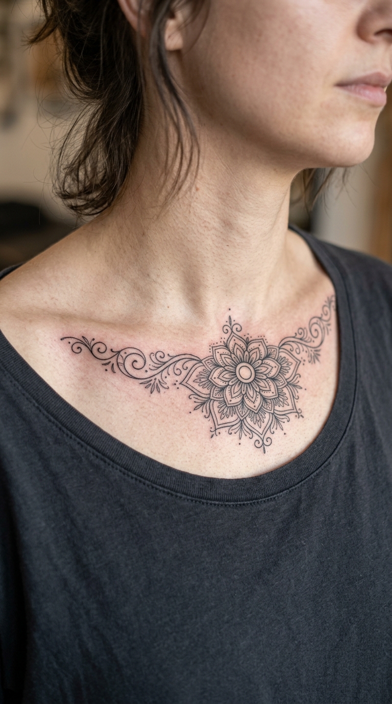 Filigranes Mandala Tattoo Motiv für das Schlüsselbein