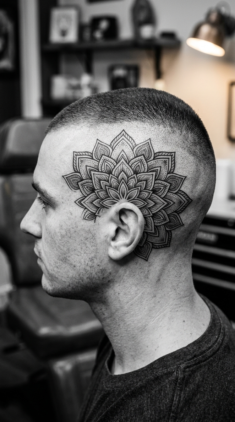 Filigranes Mandala Tattoo Motiv für den Kopf