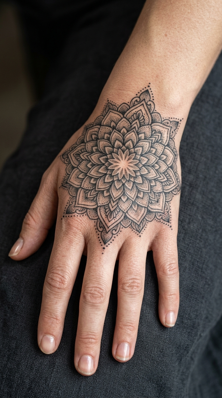 Filigranes Mandala Tattoo Motiv für die Hand