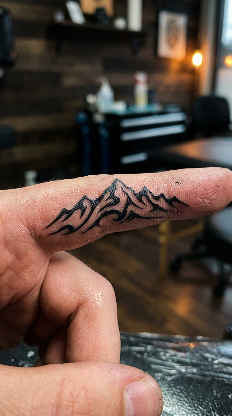 Fingerabdruck Landschaft als Tribal Tattoo auf dem Finger