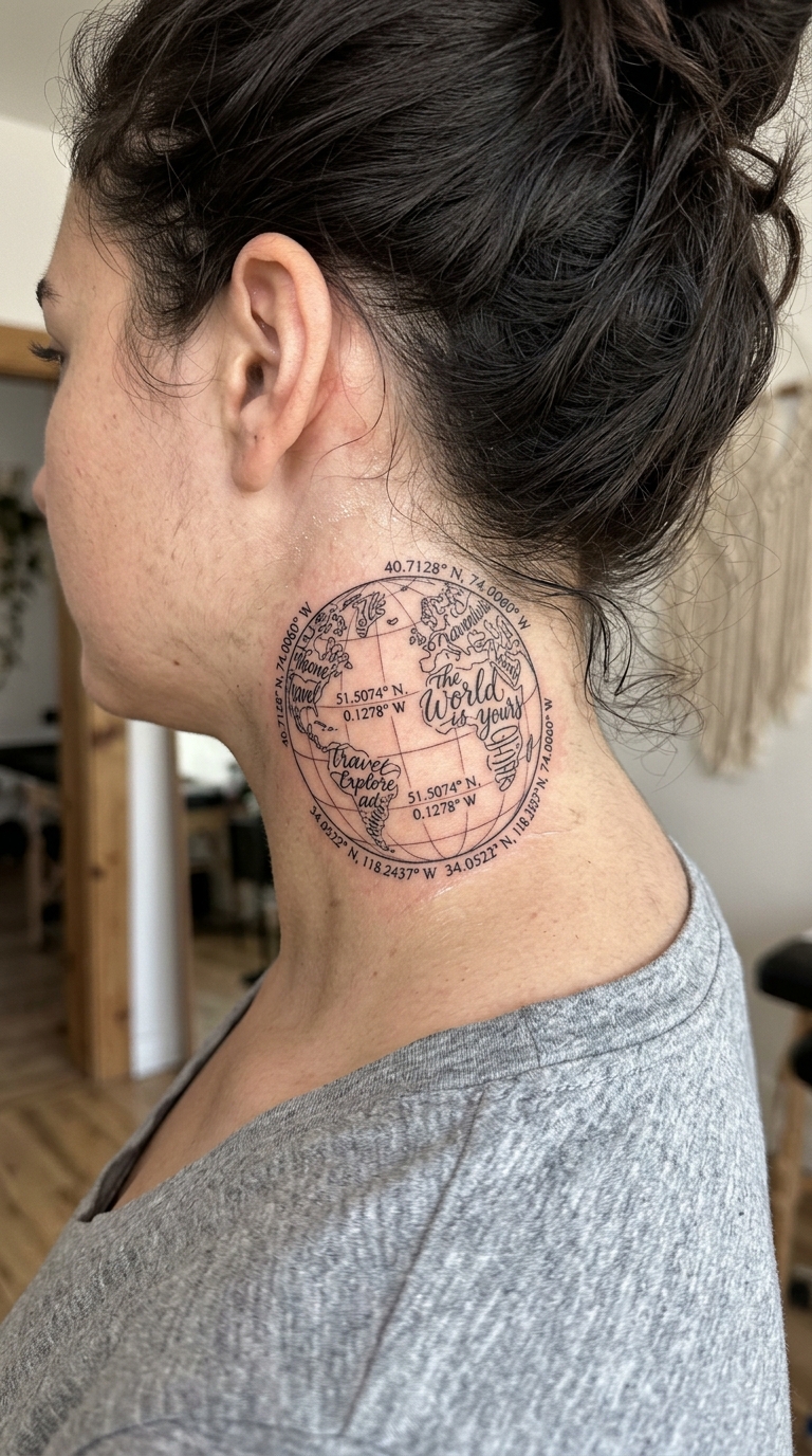 Koordinaten und Weltkugel als filigranes Schrift Tattoo für den Hals