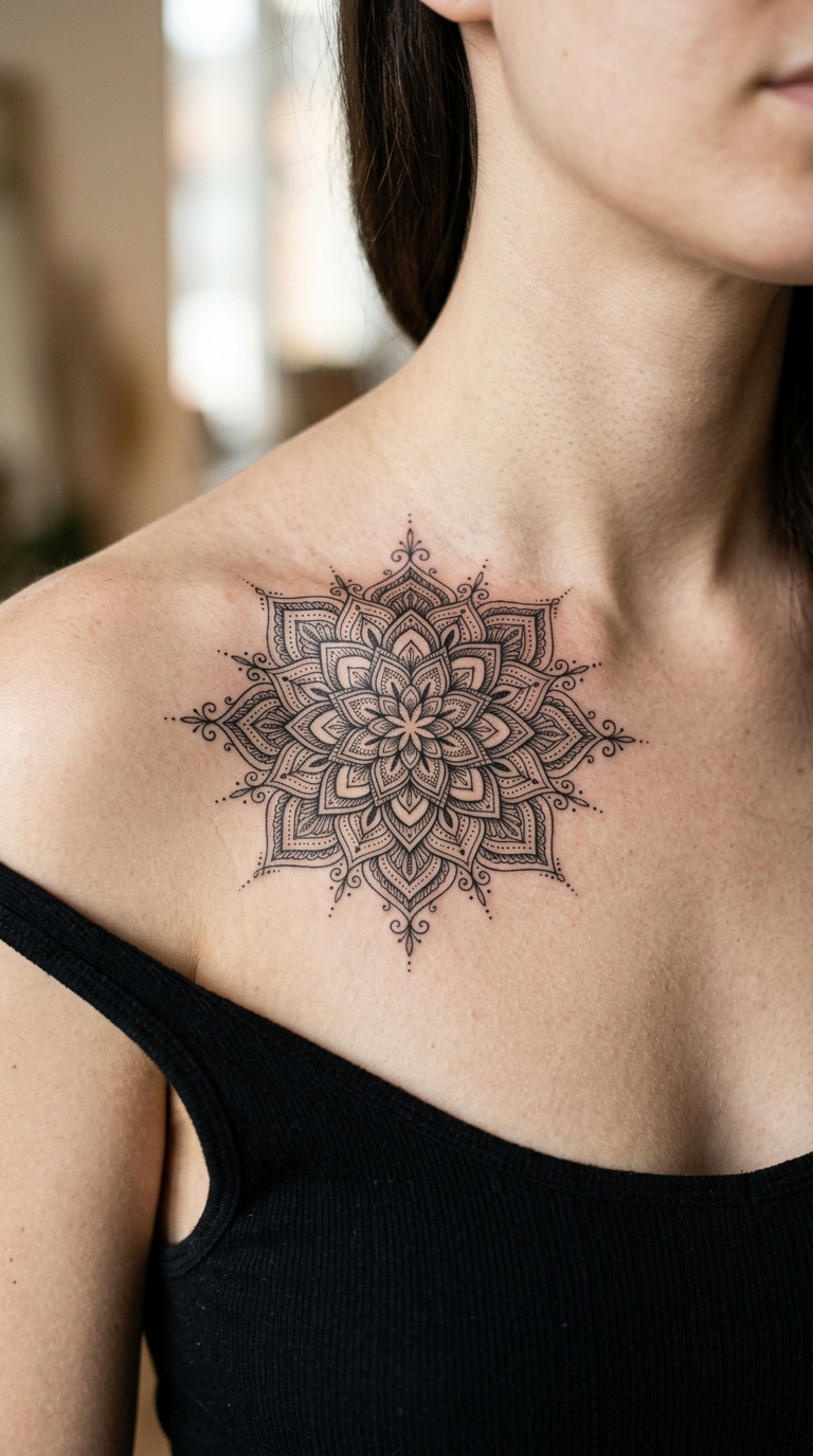 Mandala Tattoo Vorlage für das Schlüsselbein