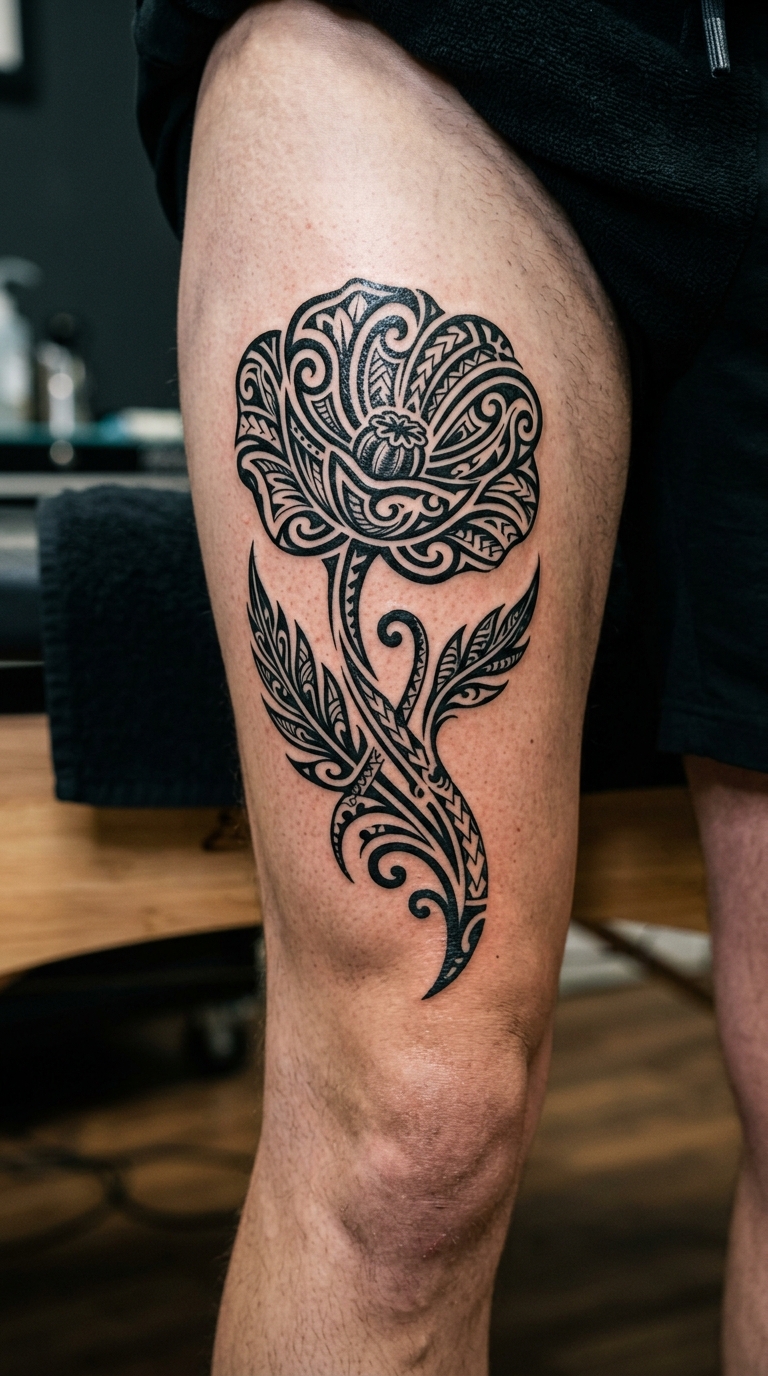Mohnblume als Tribal Tattoo für das Bein