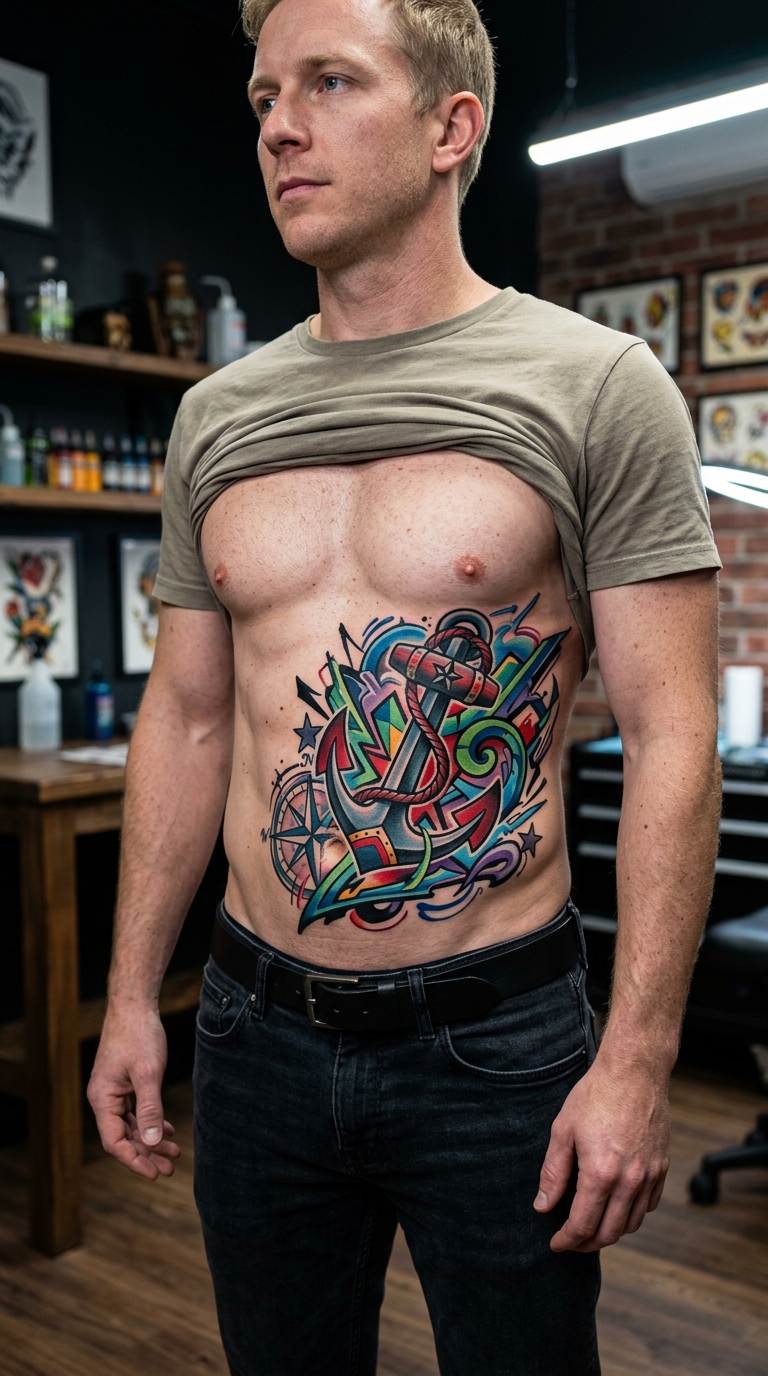 Oldschool und Newschool Tattoo Idee für den Bauch