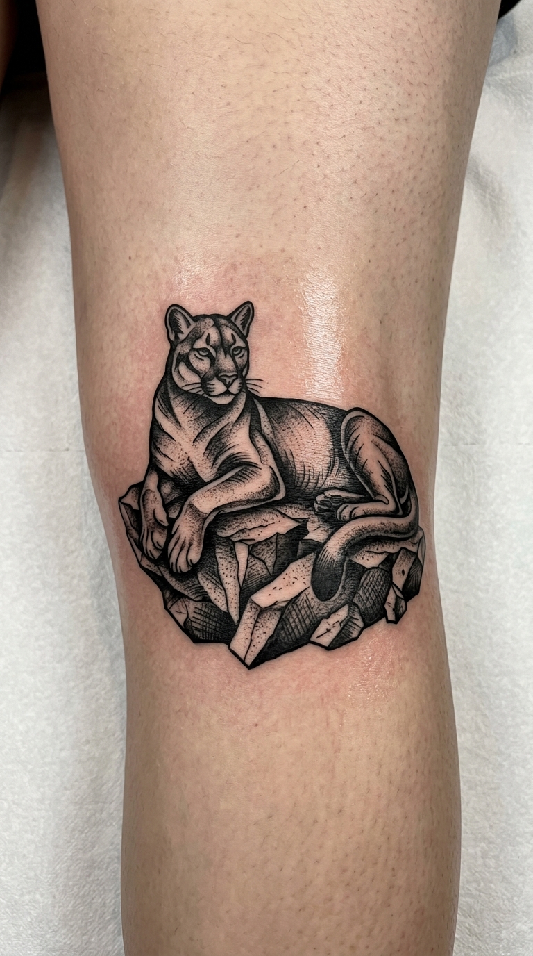Puma Tattoo Idee für die Kniekehle als Blackwork