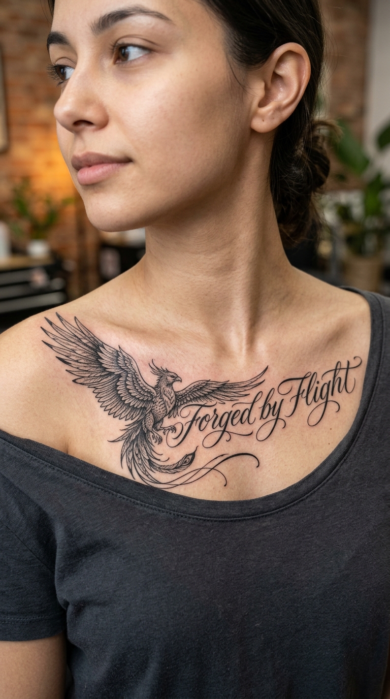 Roc Vogel als geschwungenes Schrift Tattoo am Schlüsselbein