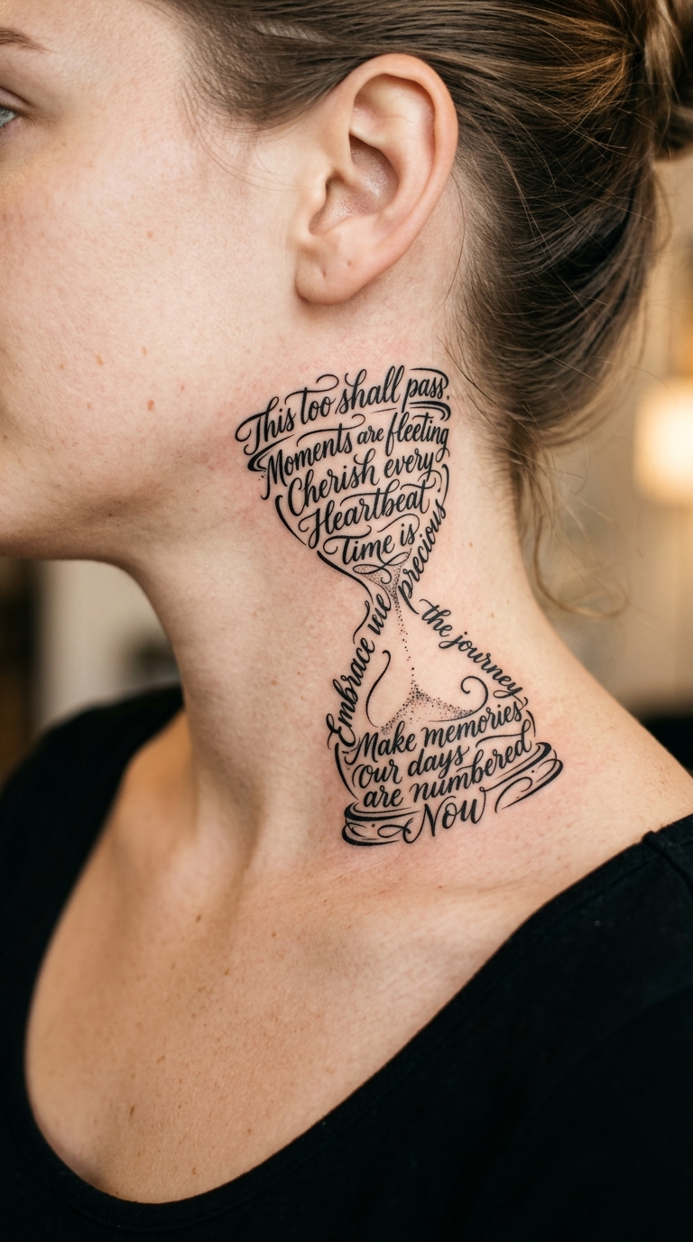 Sanduhr als kunstvolles Schrift Tattoo für den Hals