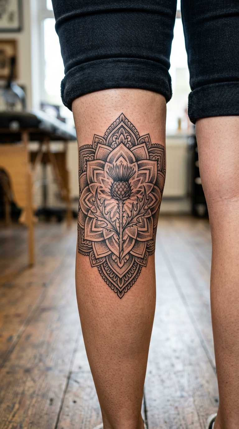 Schottische Distel als Mandala Tattoo für die Kniekehle