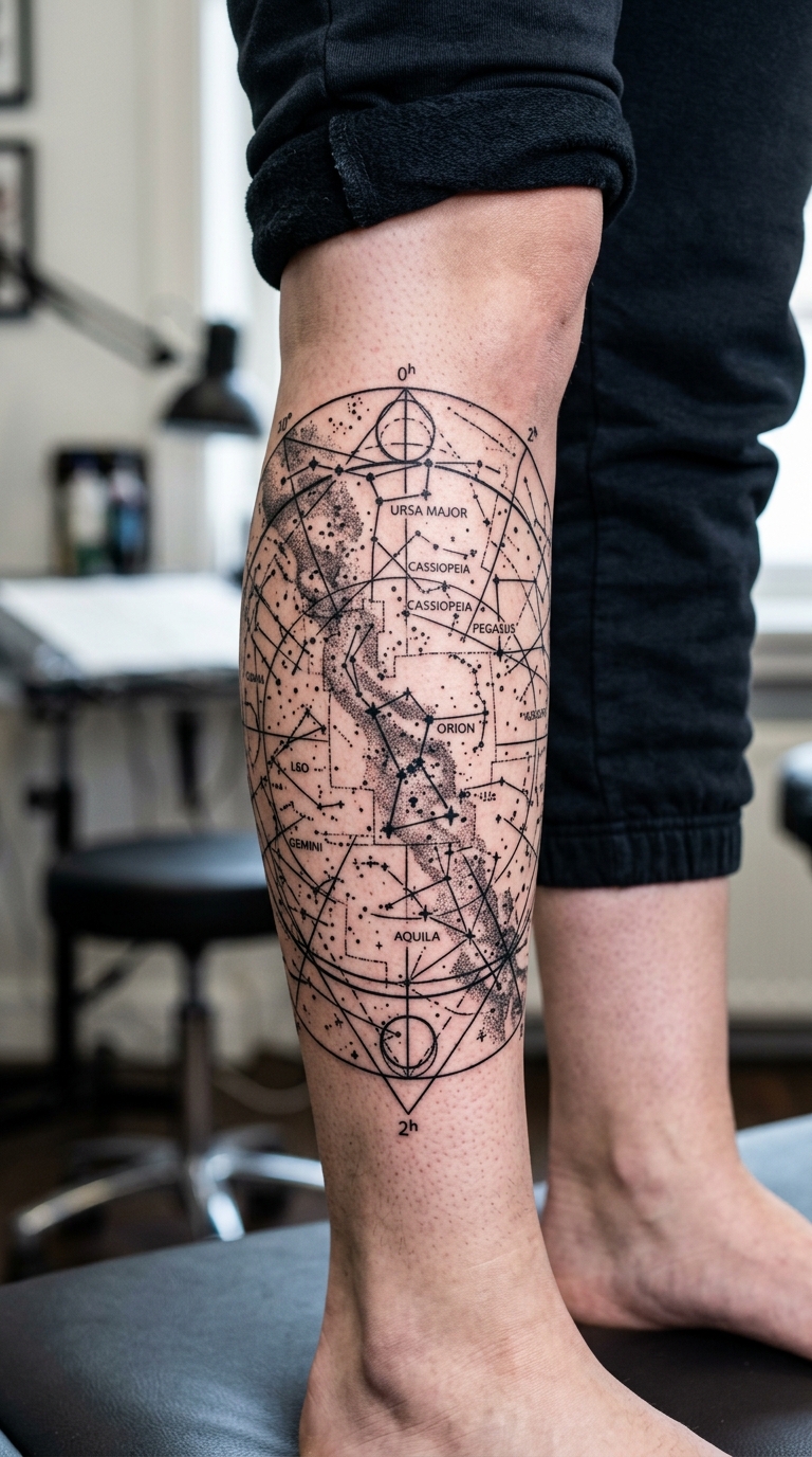 Sternenkarte als Blackwork Tattoo für das Bein