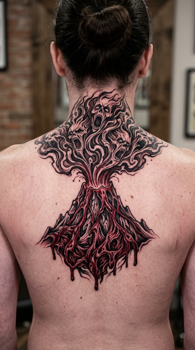 Vulkanausbruch als Horror Tattoo Idee für den Nacken