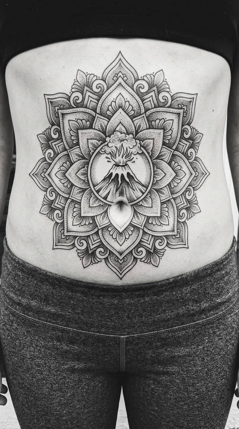 Vulkanausbruch als Mandala Tattoo auf dem Bauch