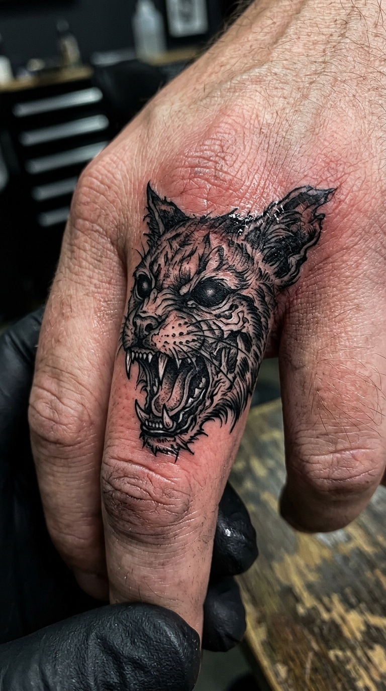 Wildkatze als düsteres Horror Tattoo für den Finger