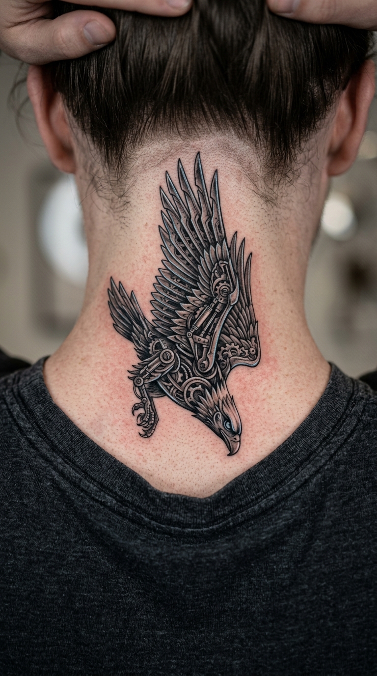 Adler im Sturzflug als biomechanisches Tattoo für den Nacken