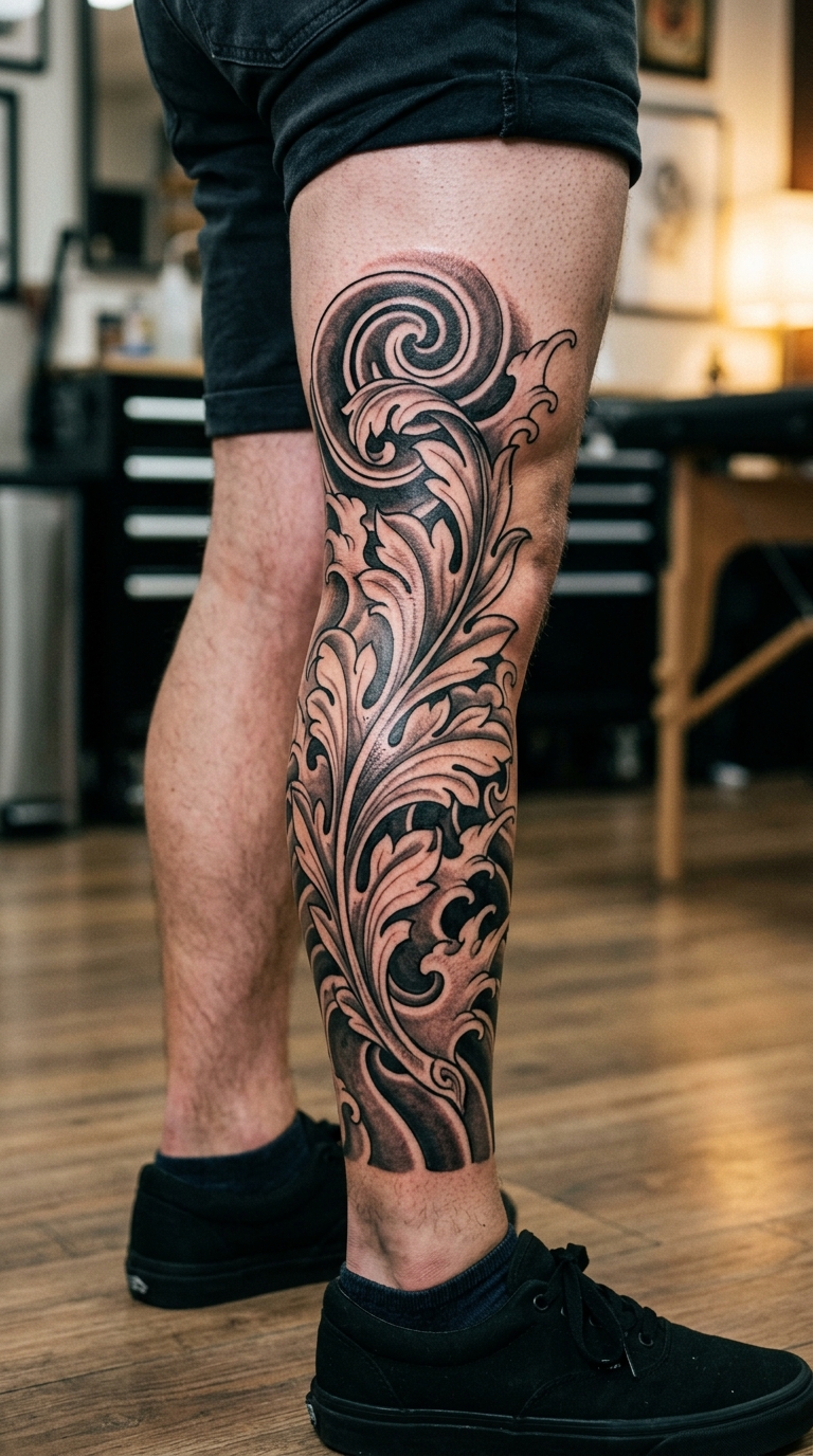 Akanthusblatt als japanisches Tattoo für das Bein