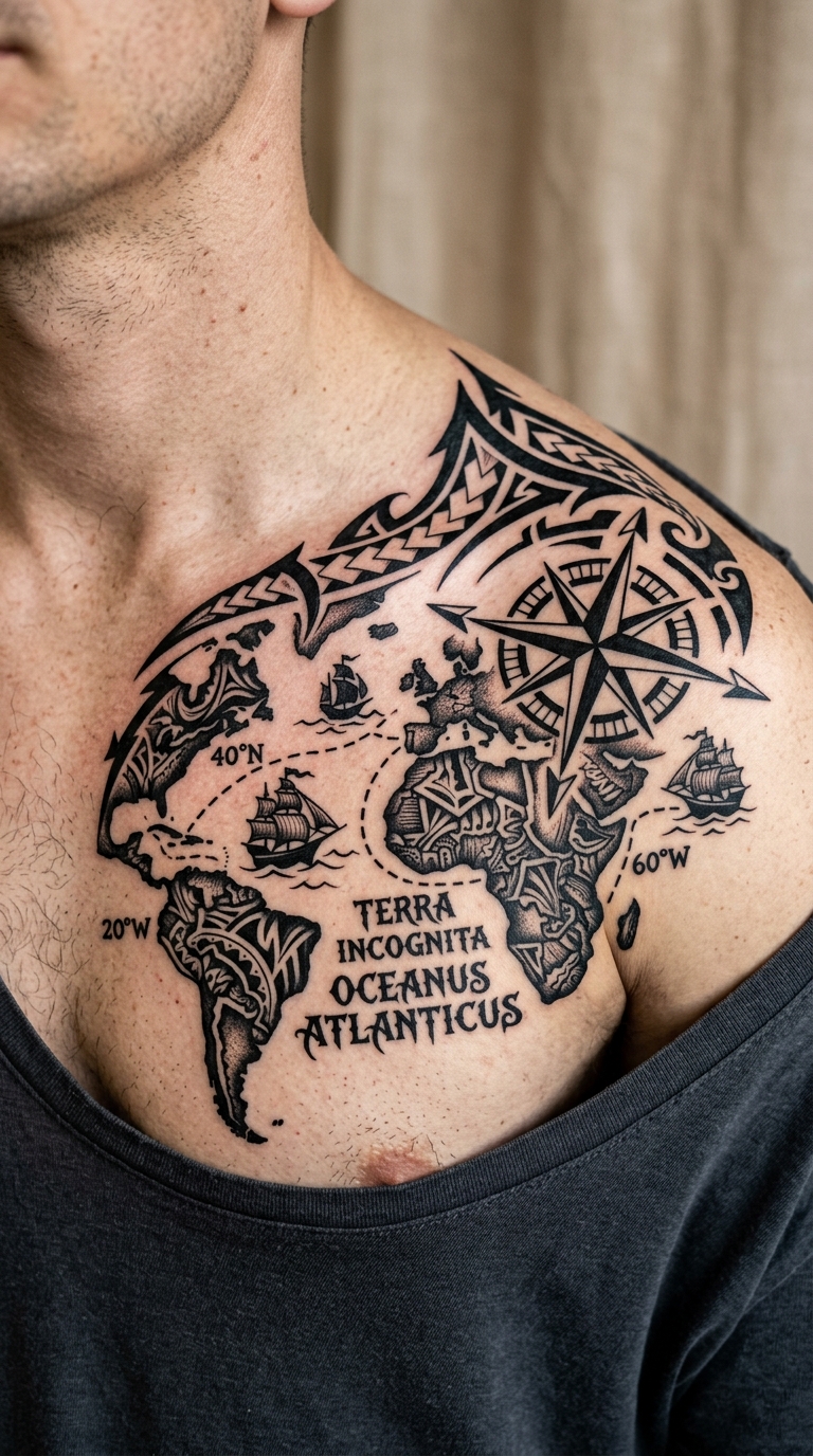 Alte Seekarte als Tribal Tattoo für das Schlüsselbein