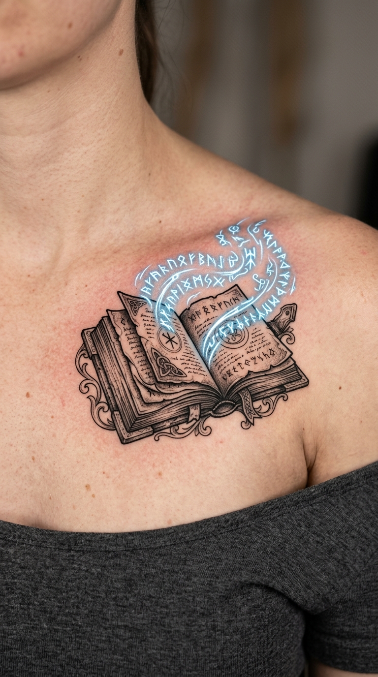 Altes Buch mit Runen als Tattoo Idee für das Schlüsselbein