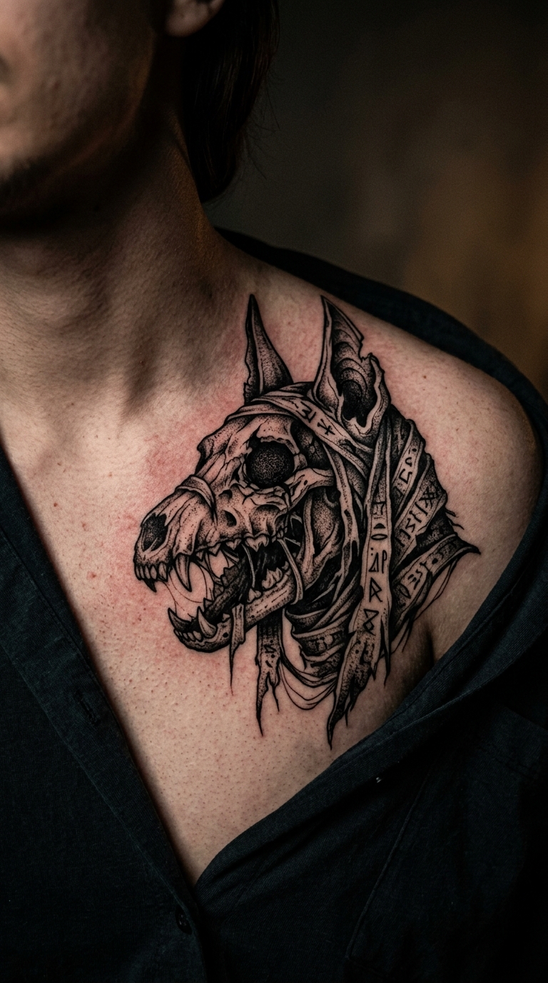 Anubis als Horror Tattoo Idee für das Schlüsselbein