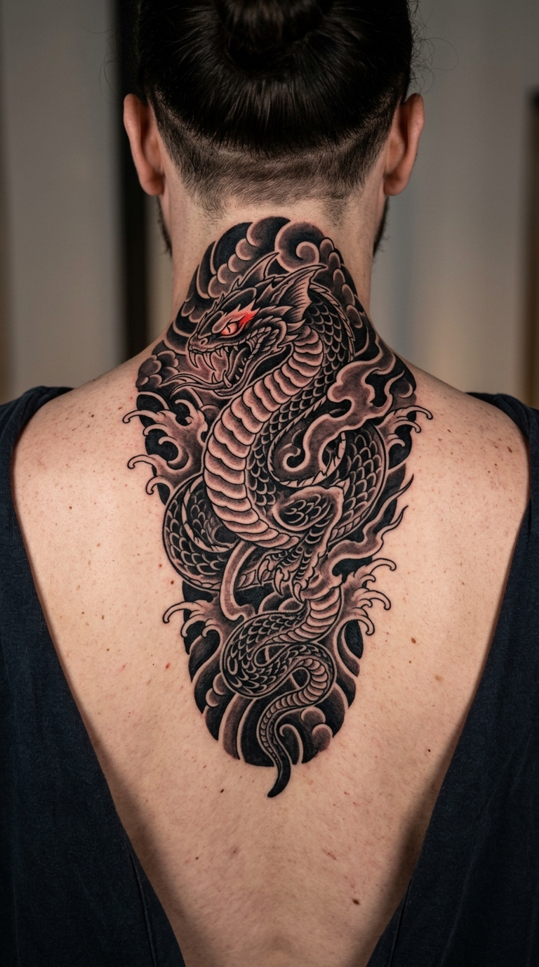 Basilisk als japanisches Tattoo für den Nacken