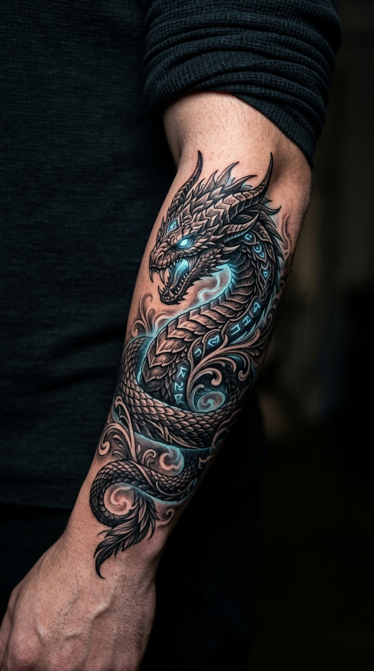 Basilisk als mystisches Fantasy Tattoo für den Unterarm