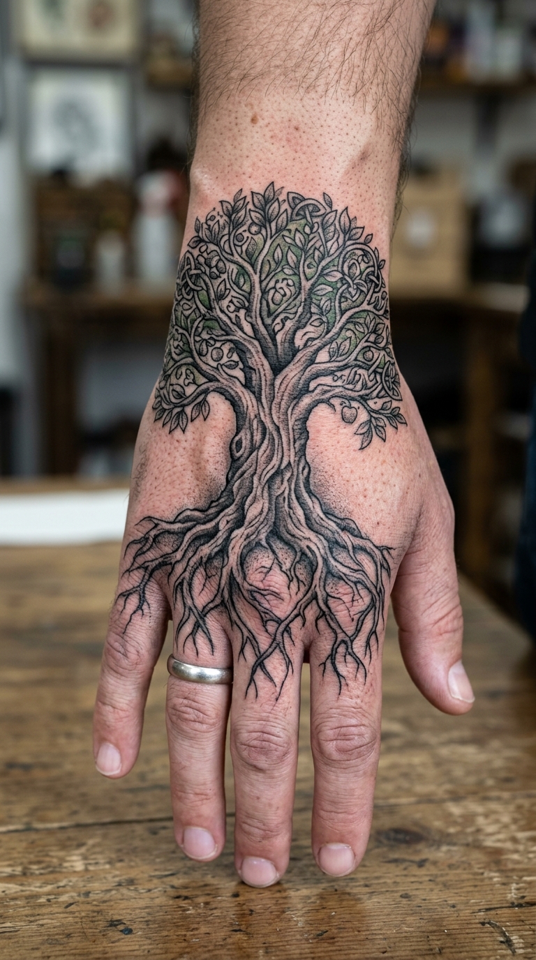 Baum des Lebens als 3D Tattoo für die Hand