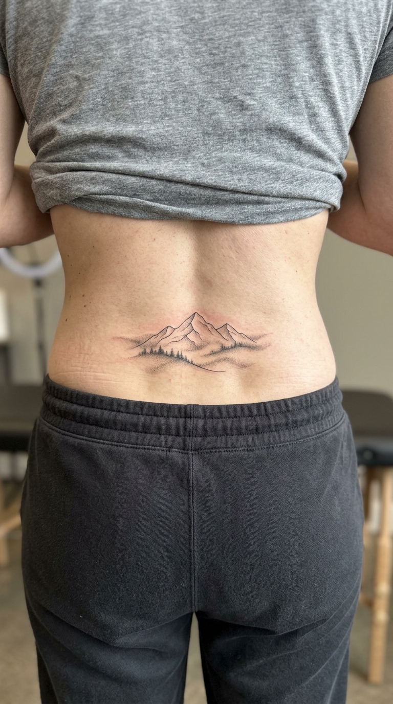 Bergkette im Nebel als Fineline Tattoo Idee für das Steißbein