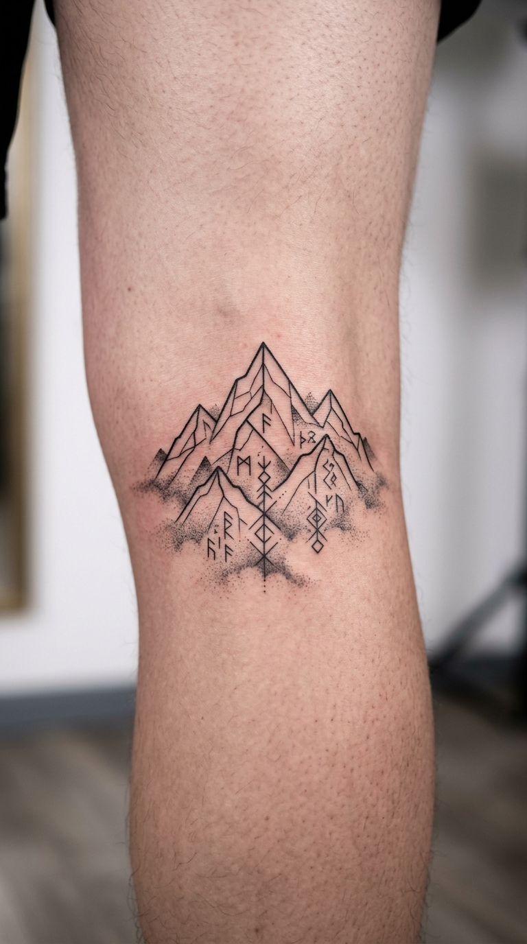 Bergkette im Nebel als grafisches Tattoo für die Kniekehle