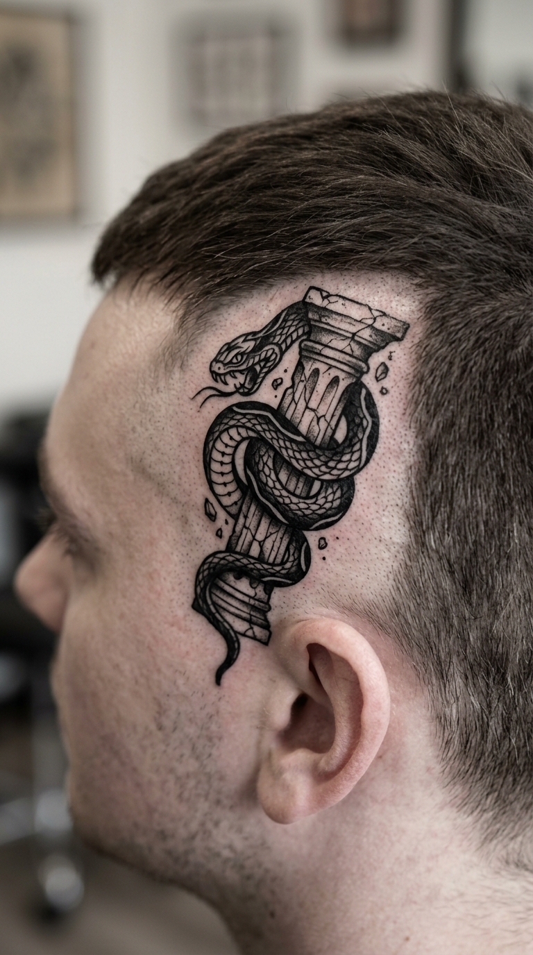 Blackwork Tattoo Idee mit Schlange und Säule für den Kopf