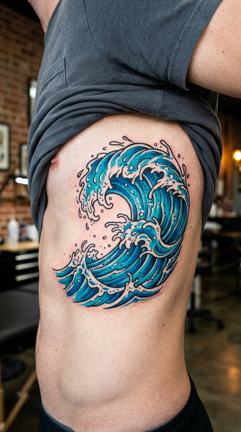Brechende Wellen als Comic Tattoo für die Rippen