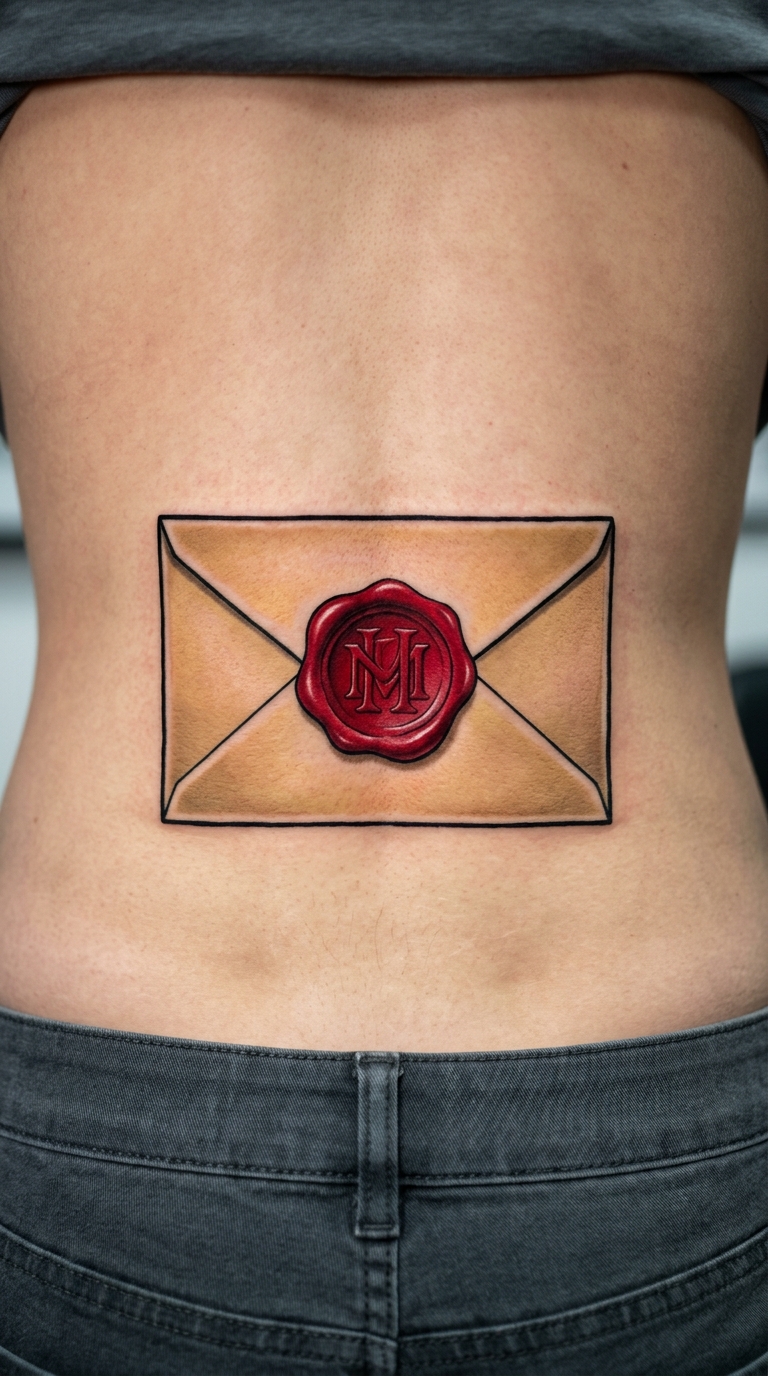 Briefumschlag mit Siegel als Oldschool und Newschool Tattoo für das Steißbein