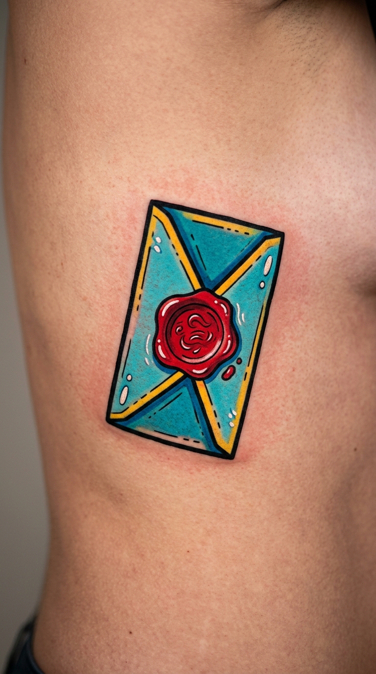 Briefumschlag mit Wachssiegel als Comic Tattoo Idee für die Rippen