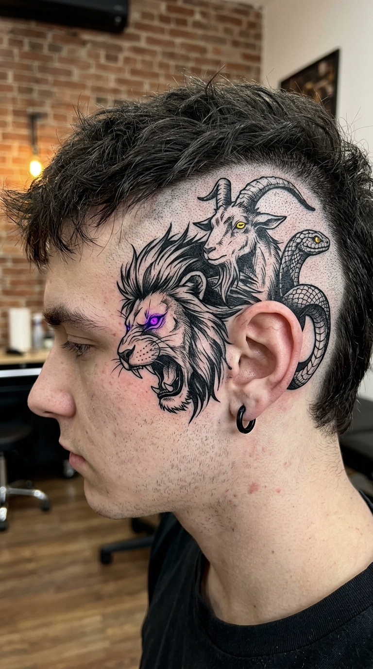 Chimäre als Anime Tattoo Idee für den Kopf