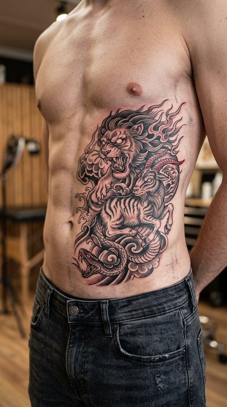 Chimäre als japanisches Tattoo für den Bauch