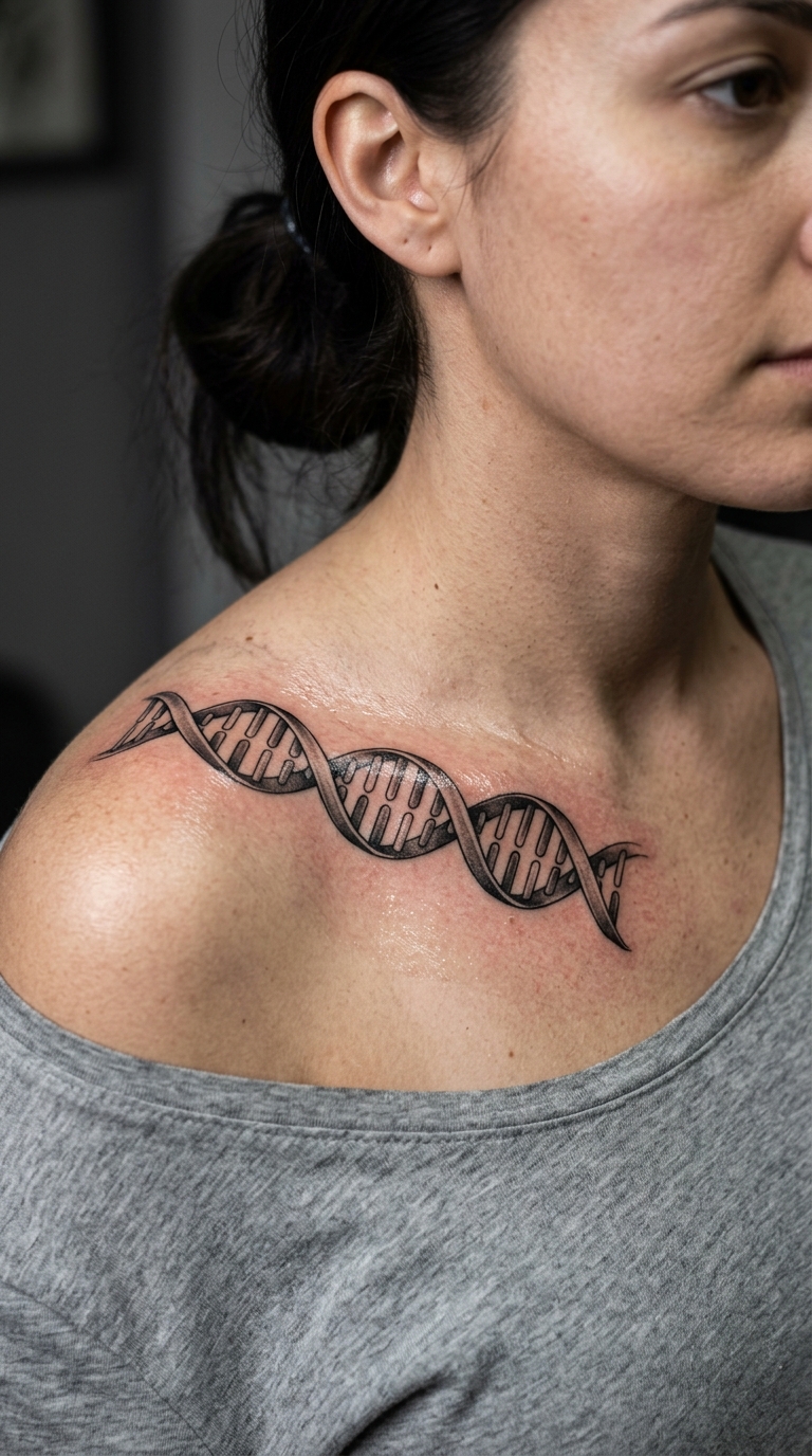 DNA Strang als Cover up Tattoo am Schlüsselbein