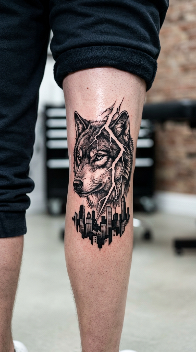 Donnernder Wolf als kraftvolles Tattoo für die Kniekehle