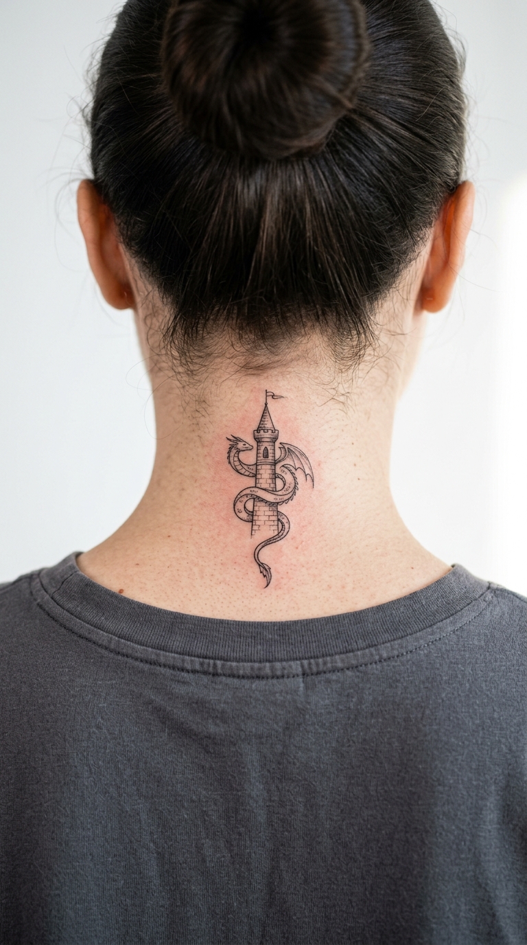 Drache und Turm Tattoo Idee für den Nacken