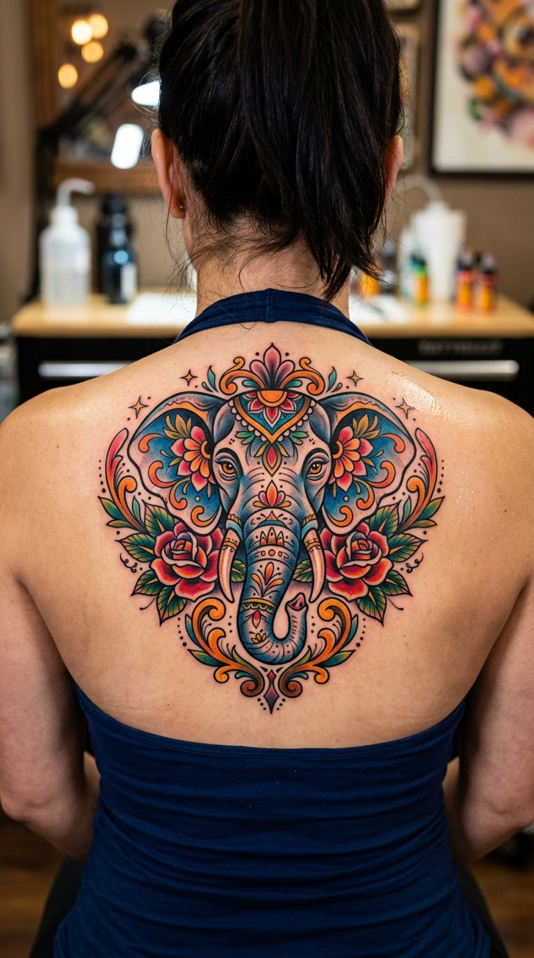Elefant als Oldschool und Newschool Tattoo für den Rücken