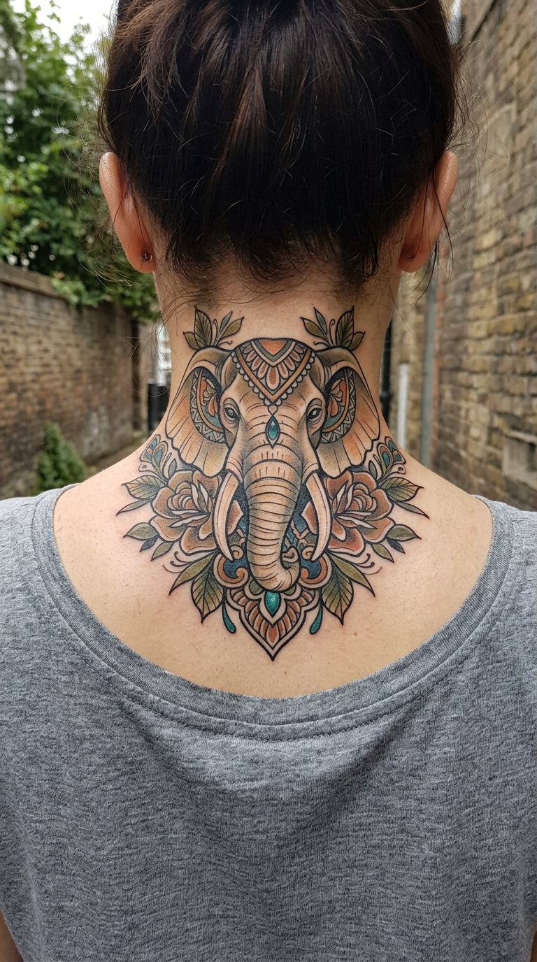 Elefant Tattoo Vorlage im Neo Traditional Stil für den Nacken