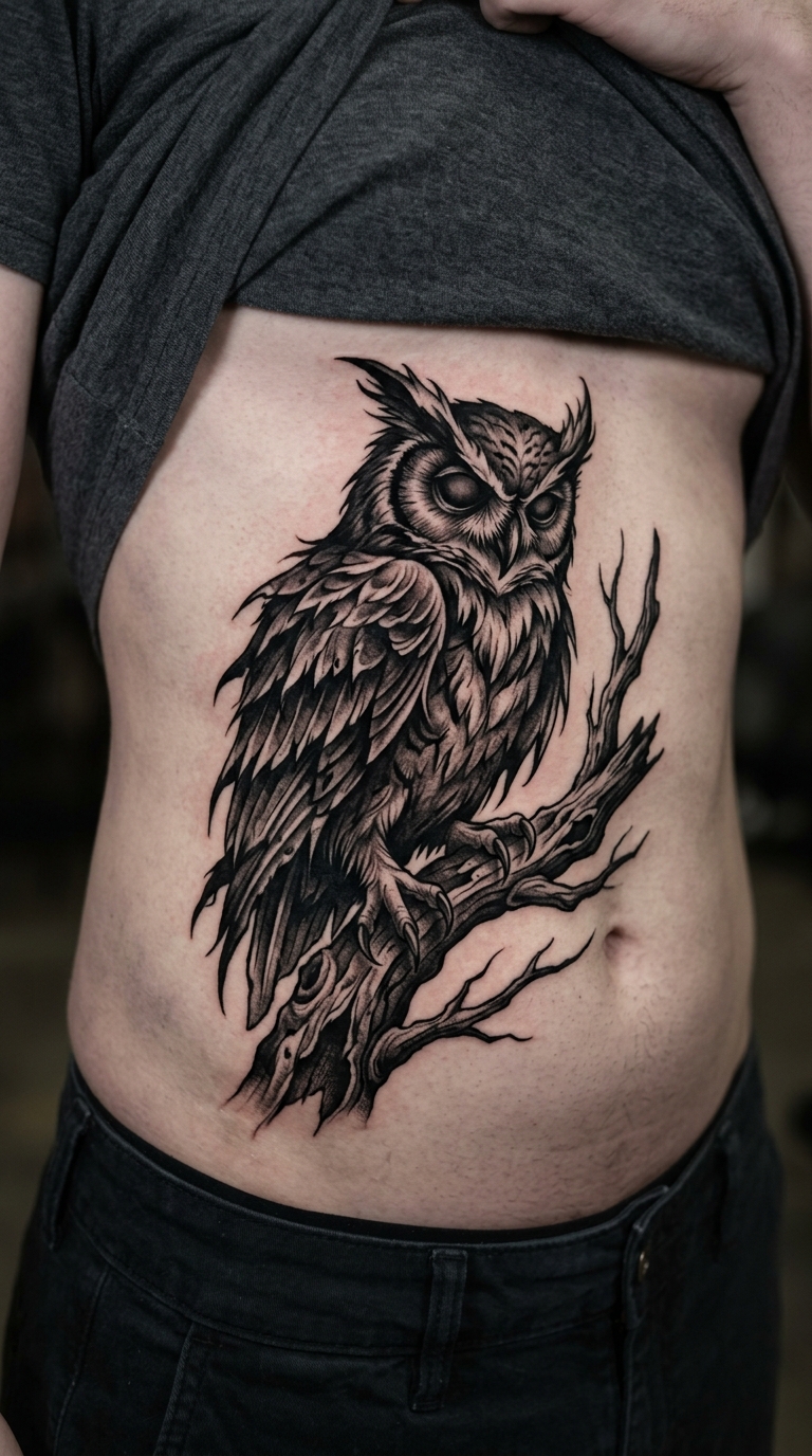 Eule auf totem Ast als Horror Tattoo Idee für den Bauch